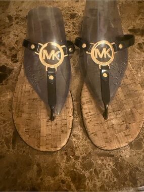 Michael Kors Classic Black Thong Sandals with Gold MK Emblem